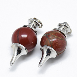 Red Rainbow Jasper Natural Red Rainbow Jasper Pendants, with Platinum Tone Brass Findings and Iron Double Loops Jump Rings, Pendulum, 40.5x18mm, Hole: 6mm