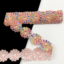 PeachPuff Polyester Lace Trim, with Colorful Paillettes, Flower, Garment Accessories, PeachPuff, 2-3/8 inch(60mm), about 4.5 yards/pc