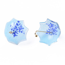 Royal Blue Printed Acrylic Pendants, with Golden Plated Brass Findings, 3D Umbrella with Flower Pattern, Royal Blue, 22~24x18x18mm, Hole: 1.2~1.8mm