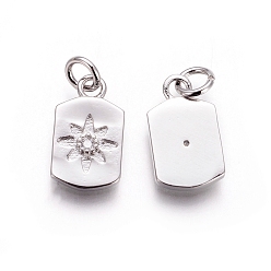 Platinum Brass Charms, with Cubic Zirconia and Jump Rings, Rectangle with Flower, Clear, Platinum, 13x8x2mm, Hole: 3mm