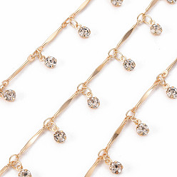 Real 18K Gold Plated Handmade Brass Bar Link Chains, with Clear Cubic Zirconia charms, Soldered, Spool, Real 18K Gold Plated, 14x2x1.5mm and 3.7x2.5x0.3mm, about 16.4 Feet(5m)/roll