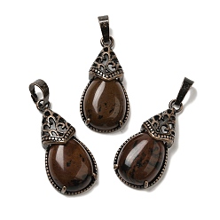 Красный Обсидиан Натурального красного дерева обсидиана подвески, латунные подвески-капли, Красная медь, без свинца и без кадмия, 31x15x8 мм, отверстие : 5x7.5 мм