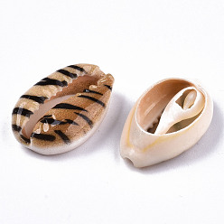 Camel Printed Natural Cowrie Shell Beads, No Hole/Undrilled, with Tiger-stripe Pattern, Camel, 18~22x13~14x6~8mm
