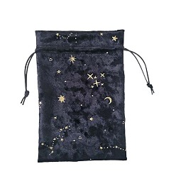 Black Hot Stamping Moon Star Velvet Storage Bags, Drawstring Pouches Packaging Bag, Rectangle, Black, 180x130mm