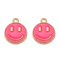 Hot Pink Alloy Enamel Charms, Cadmium Free & Lead Free, Smiling Face, Light Gold, Hot Pink, 14.5x12x1.5mm, Hole: 1.5mm