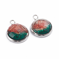 Colorful Printed Resin Pendants, with 304 Stainlesss Steel Settings, Half Round, Faceted, Sea Coral Pattern, Stainless Steel Color, Colorful, 19.5x16x4.5mm, Hole: 2.4mm