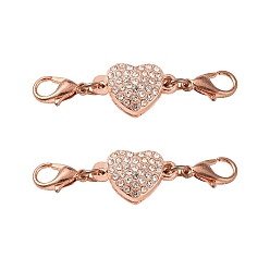 Rose Gold Alloy Crystal Rhinestone Magnetic Clasps, with Lobster Claw Clasps, Heart, Rose Gold, 45mm, Lobster Clasp: 12x7x3mm, Heart: 11x18x7mm