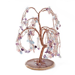 Mixed Stone Natural Mixed Stone Tree Display Decoration, Agate Slice Base Feng Shui Ornament for Wealth, Luck, Rose Gold Brass Wires Wrapped, 64~95x75~125x140~170mm