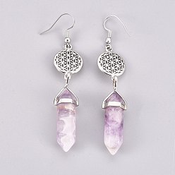Amethyst Pointed Bullet Natural Amethyst Dangle Earrings, with Brass Earring Hooks and Flat Round with Flower of Life Links, Platinum, 77mm, Pin: 0.7mm