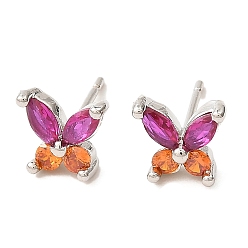Dark Orange Butterfly Platinum Brass Stud Earrings, with Clear Cubic Zirconia, Long-Lasting Plated, Lead Free & Cadmium Free, Dark Orange, 7.5x8.5mm