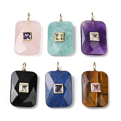 Смешанные камни Природные каменные смешанные подвески, Подвески с прямоугольной огранкой и латунной микропаве из кубических цирконий разных цветов, золотые, смешанные окрашенные и неокрашенные, 25x18x6~8 мм, отверстие : 2.5x3.5 мм