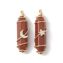 Red Jasper Natural Red Jasper Copper Wire Wrapped Pendants, Faceted Bullet Charms with Light Gold Tone Star & Moon Brass Beads, 36~37.5x10~10.5x11~12mm, Hole: 3.5~4mm, 2pcs/set