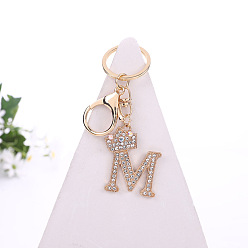 Letter M Crystal Rhinestone Initial Letter with Crown Pendant Keychains, with Light Gold Alloy Findings, Letter.M, 10~10.5cm, alphabet: 40~46x20~45mm
