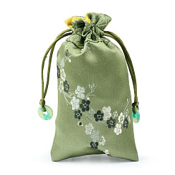 Olive Drab Chinese Style Silk Drawstring Jewelry Gift Bags, Jewelry Storage Pouches for Cell Phone, Rectangle with Plum Bossom Flower Pattern, Olive Drab, 15x9cm