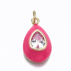 Hot Pink Brass Clear Cubic Zirconia Pendants, with Enamel and Jump Rings, Cadmium Free & Nickel Free & Lead Free, Real 16K Gold Plated, Teardrop, Hot Pink, 19.5x12x7mm, Jump Ring: 4.8x0.6mm, 3.6mm inner diameter