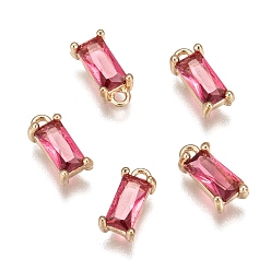 Deep Pink Transparent Glass Charms, with Brass Findings, Faceted, Rectangle, Light Gold, Deep Pink, 8.5x4x3mm, Hole: 1mm