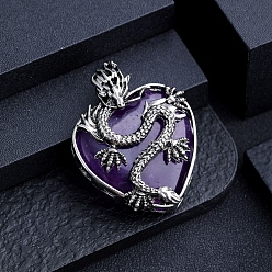 Amethyst Natural Amethyst Metal Dragon Wrapped Pendants, Heart Charms, Antique Silver, 42x32mm