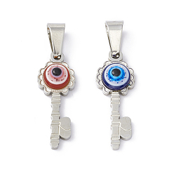 Mixed Color 304 Stainless Steel Resin Pendants, Key Charms with Evil Eye, Stainless Steel Color, Mixed Color, 23x8.5x4mm, Hole: 6.5x3mm