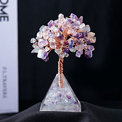 Fluorite Natural Fluorite Chips Tree Decorations, Resin & Gemstone Chip Pyramid Base with Copper Wire Feng Shui Energy Stone Gift for Home Office Desktop Decorations, 95x40mm