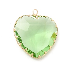 Peridot K9 Glass Pendants, Heart Charms, with Light Gold Tone Brass Findings, Faceted, Peridot, 31x28x9mm, Hole: 2mm