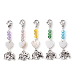 Mixed Color Glass Pendant Decorations, with Tibetan Style Alloy Charms, Heart with Elephant, Mixed Color, 46mm