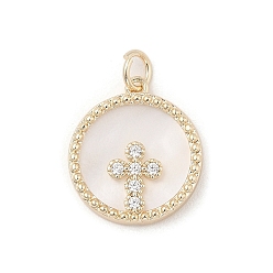 Cross Brass Micro Pave Clear Cubic Zirconia Pendants, with Natural White Shell and Jump Ring, Real 18K Gold Plated, Flat Round, Cross, 18x16x3mm, Hole: 3.2mm