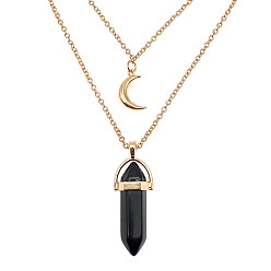 Black Agate Natural Black Agate Cone Pendant Double Layer Necklace, with Moon Charms, 19.69 inch(50cm)