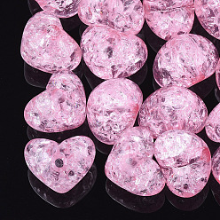 Hot Pink Transparent Crackle Acrylic Beads, Half Drilled Beads, Heart, Hot Pink, 14.5x18x13mm, Half Hole: 3.5mm