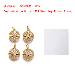 Посеребрённый Латунные подвески, с микропаве из кубического циркония и прыжковыми кольцами, компас, прозрачные, 925 серебро покрытием, 16x13x3 мм, отверстие : 3 мм