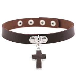 Coconut Brown PU Leather Adjustable Choker Necklace, Alloy Cross Pendant Necklace with Stainless Steel Snap Buttons for Women, Coconut Brown, 15.75 inch(40cm)