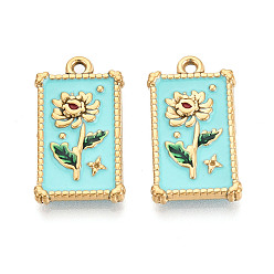 Cyan 304 Stainless Steel Enamel Pendants, Rectangle & Flower Charms, Ion Plating(IP), Real 18K Gold Plated, Cyan, 25.5x14.5x3mm, Hole: 1.6mm