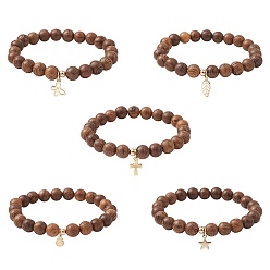 Golden 5Pcs 5 Style Natural Wenge Wood Round Beaded Stretch Bracelets Set, with 304 Stainless Steel Charms, Cross & Leaf & Butterfly, Golden, Inner Diameter: 2-1/4 inch(5.8cm), 1Pc/style