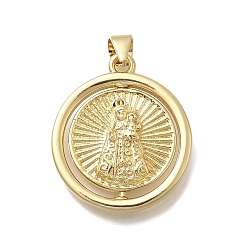 Настоящее золото 18K Латунные подвески, плоские круглые с Девой Марией, без кадмия и без свинца, стойки покрытие, долговечный, реальный 18 k позолоченный, 23x20x5 мм, отверстие : 3.5x4 мм