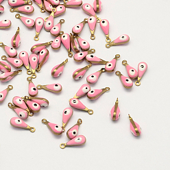 Pink Antique Golden Plated Brass Enamel Charms, Teardrop with Eye, Pink, 11x4x4mm, Hole: 1mm