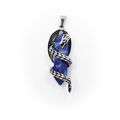 Lapis Lazuli Natural Lapis Lazuli Double Terminal Pointed Pendants, Dragon Charms with Faceted Bullet, with Antique Silver Tone Alloy Findings, 39x15mm