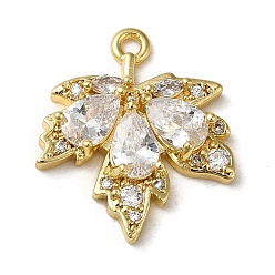 Clear Brass Micro Pave Cubic Zirconia Pendants, with K9 Glass, Maple Leaf Charm, Golden, Clear, 19.5x17x4mm, Hole: 1.5mm
