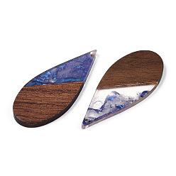Slate Blue Transparent Resin & Walnut Wood Big Pendants, Teardrop Charms, Slate Blue, 51.5x22x3.5mm, Hole: 1.6mm