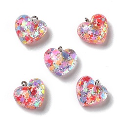Colorful Transparent Resin Pendants, with Platinum Tone Iron Loops & Glitter Powder, Heart, Colorful, 17.5x18x10mm, Hole: 2mm