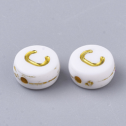 Letter C Plating Acrylic Beads, Golden Metal Enlaced, Horizontal Hole, Flat Round with Alphabet, White, Letter.C, 7x3.5mm, Hole: 1.2mm, about 3600pcs/500g