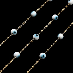 WhiteSmoke Evil Eye Lampwork Beaded Link Chains, with Golden 304 Stainless Steel Paperclip Chains, Soldered, with Spool, WhiteSmoke, 6mm, 2mm, about 32.81 Feet(10m)/Roll