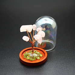 Rose Quartz Natural Rose Quartz Chips Tree Decorations, Wood & Glass Bell Jar with Copper Wire Feng Shui Energy Stone Gift for Home Office Desktop Decorations, 30x42mm
