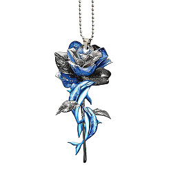 Flower Printed Acrylic Pendant Decorations, with Iron Ball Chain for Car Hanging Decorations, Flower, 100x95x5mm
