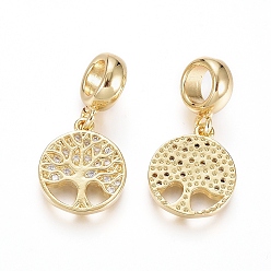 Golden Brass Micro Pave Clear Cubic Zirconia European Dangle Charms, Large Hole Pendants, Flat Round with Tree of Life, Golden, 23mm, Hole: 5mm, Flat Round: 14x12x2mm