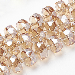 PeachPuff Electroplat Glass Beads Strands, Rainbow Plated, Faceted, Rondelle, PeachPuff, 8x5mm, Hole: 1.2mm, about 80pcs/strand, 22.83 inch