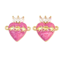 Hot Pink Brass Pave Clear Cubic Zirconia Connector Charms, Sacred Heart Links, with Enamel, Long-Lasting Plated, Rack Plating, Cadmium Free & Lead Free, Golden, Hot Pink, 22.5x22x5mm, Hole: 1.8mm