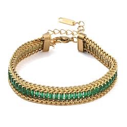 Зеленый 304 Двухслойный браслет из нержавеющей стали и стекла в виде пшеничной цепочки для женщин, прямоугольные, реальный 18 k позолоченный, ионное покрытие (ip), долговечный, зелёные, 6.77 дюйм (17.2 см)