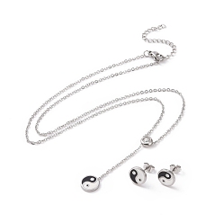 Stainless Steel Color Feng Shui 304 Stainless Steel Jewelry Sets, Necklaces and Stud Earrings, with Rhinestone and Enamel, Yin Yang, Stainless Steel Color, 16.93 inch(43cm), 10x2mm, Pin: 0.8mm