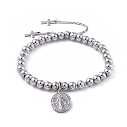 Stainless Steel Color Adjustable 304 Stainless Steel Slider Bracelets, Bolo Bracelets, Cross & Oval with Virgin Mary, Stainless Steel Color, 9-1/2 inch(24cm)