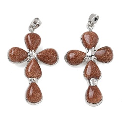 Goldstone Synthetic Goldstone Pendants, Cross Charms, with Platinum Tone Brass Findings, 38~41x22.5~23.5x5.5~6mm, Hole: 5.5x3.5mm