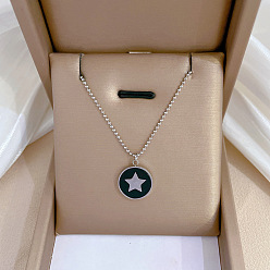K418 Black Silver [All-titanium steel] Minimalist Gold Necklace for Women - Lock Bone Chain with Pentagram Pendant
